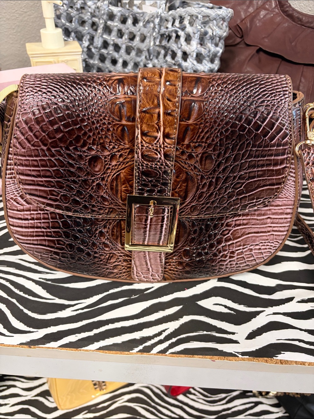 Croc-Embossed Crossbody Saddle Bag in Brown